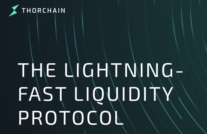 The image is a promotional graphic featuring the THORChain logo in the top-left corner and bold white text reading "THE LIGHTNING-FAST LIQUIDITY PROTOCOL" against a dark teal background with curved light streaks. It ties into the post's nostalgic reflection on THORChain's early community days and the author's history with the $RUNE token, serving as a visual tribute to the protocol that shaped their early crypto journey.