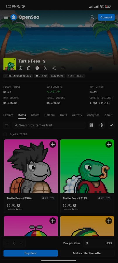 An OpenSea NFT marketplace mobile screenshot showing the 'Turtle Fees' collection on Robinhood Chain with 9,479 items, floor price of $5.72, total volume of $5,455.39, and listings for Turtle Fees #3964 and #9129.