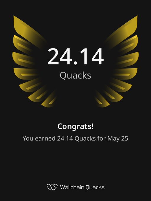The image features a poster with an illustration of a bird's wing, which has the number 24.14 printed below it. The text "Gquack Just earned 24.14 Quacks" indicates that someone has earned 24.14 Quacks in one day. The poster also includes a message congratulating the user on their achievement and stating that they are still waiting for an @useTria Card to be sent out.