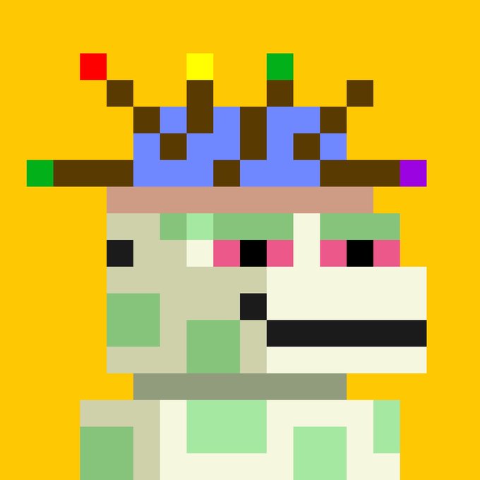 Pixel art of a character wearing a crown-like headpiece with red, yellow, and green jewels, set against a mustard yellow background.