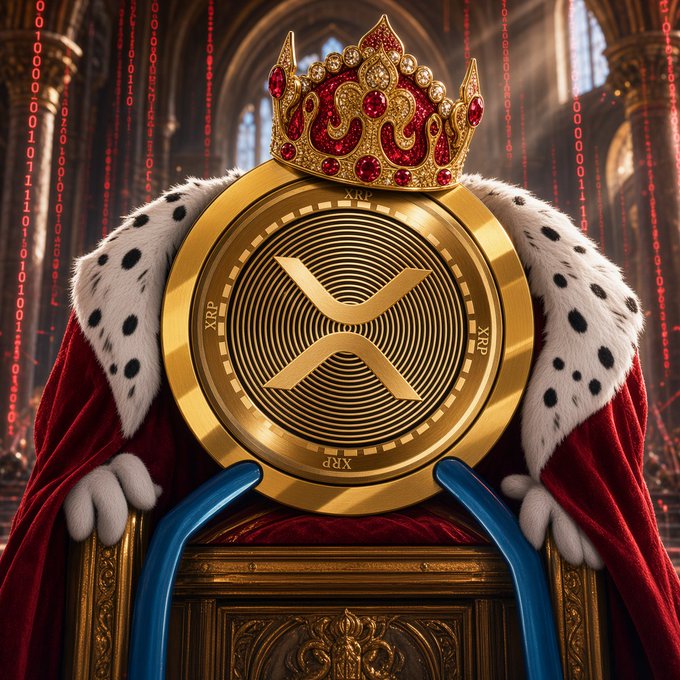 A regal XRP cryptocurrency coin wears a jeweled crown and sits atop an ornate throne draped in a red robe with ermine fur trim, set against a backdrop of a grand cathedral with cascading red binary code, symbolizing XRP's "royal" dominance in the crypto kingdom.