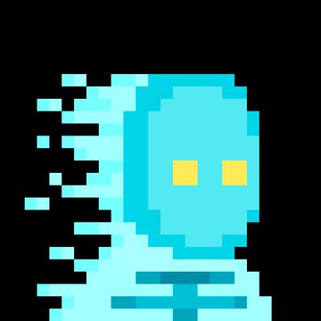 A pixelated, light blue alien-like character with yellow eyes dissolves or fragments into individual pixels on the left side against a black backdrop.