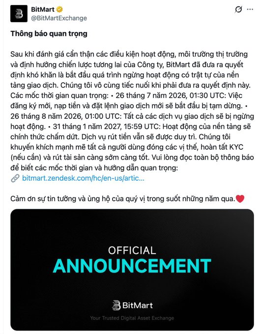 A tweet from @BitMartExchange in Vietnamese announcing the wind-down of their trading platform, with key dates including July 26, August 26, 2026, and January 31, 2027, featuring an 'OFFICIAL ANNOUNCEMENT' graphic.