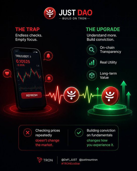 Promotional infographic for JUST DAO built on Tron, contrasting 'The Trap' (endless price checking) with 'The Upgrade' (on-chain transparency, real utility, long-term value).