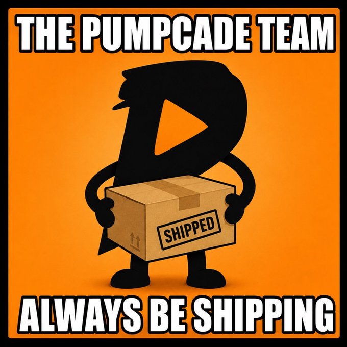 The image features a cartoon character holding a cardboard box with "SHIPPED" written on it. The text above the image reads "THE PUMPCADE TEAM", which suggests that this might be an announcement or promotion related to the team's work in the shipping industry.
