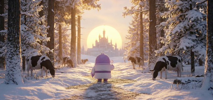 A 3D animated winter scene shows a small character in a purple and white coat walking through a snowy forest toward a glowing castle, with cows grazing nearby.