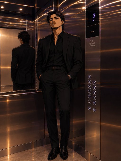 An anime-style digital illustration depicts a dark-haired man in a black suit standing confidently inside a modern metallic elevator with the number 3 displayed.