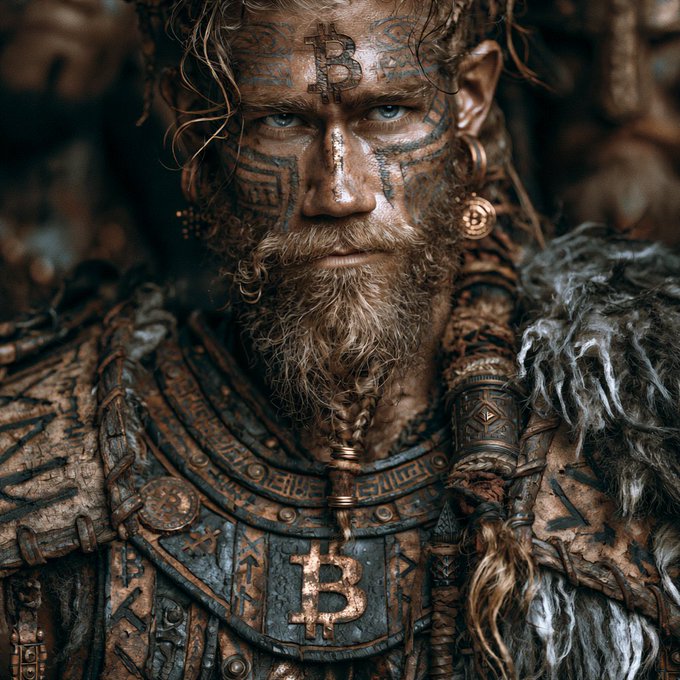 A close-up portrait of a rugged Viking warrior with intricate facial and body tattoos, including Bitcoin 'B' symbols on his forehead and chest plate, set against a blurred background.