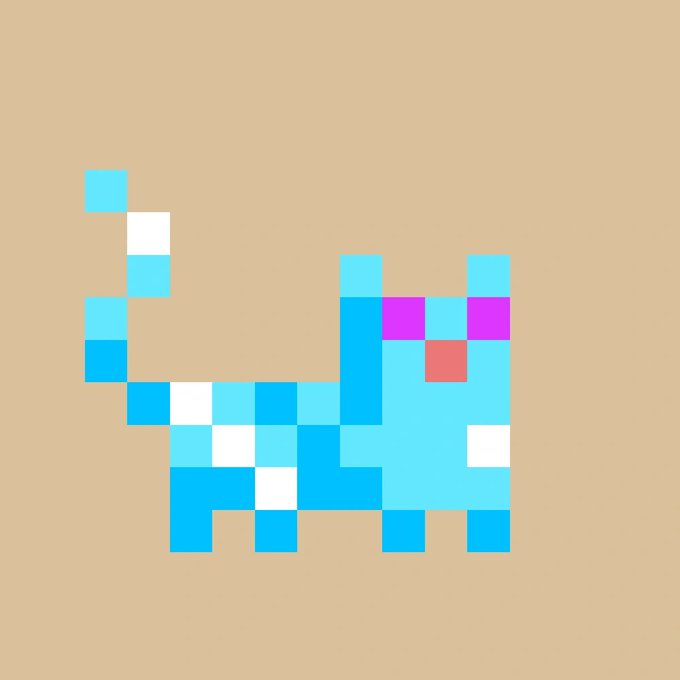 A minimalist pixel art depiction of a blue cat with magenta accents and white spots on its tail and body, set against a tan background.
