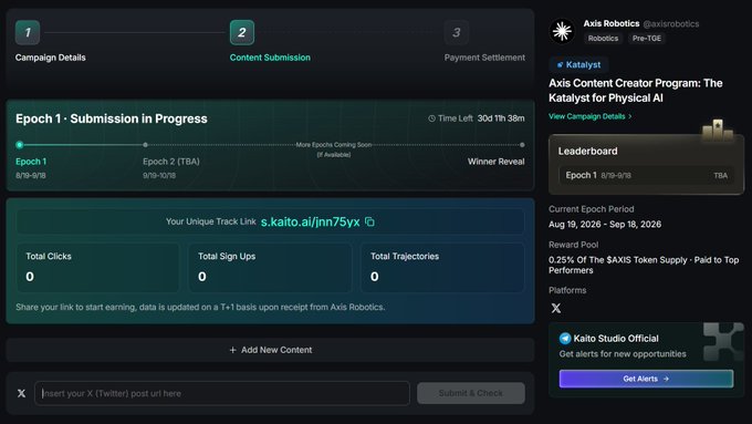 A dashboard screenshot for the 'Axis Content Creator Program: The Katalyst for Physical AI' campaign showing 'Epoch 1 - Submission in Progress', unique track link metrics, and X platform integration.