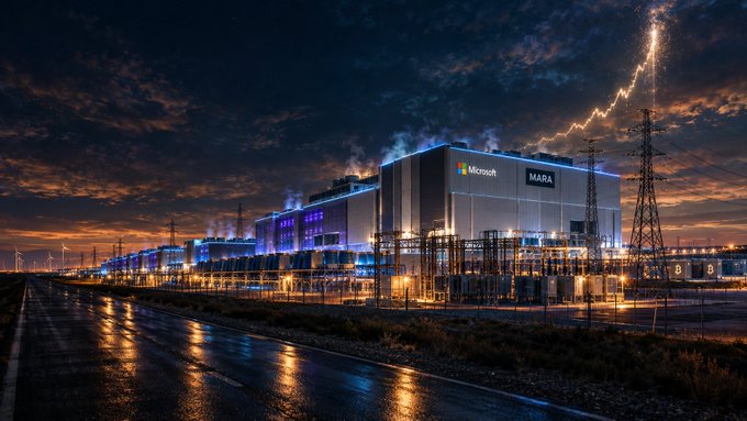 A nighttime view of a large industrial complex displaying 'Microsoft' and 'MARA' signs under a dramatic cloudy sky with lightning.