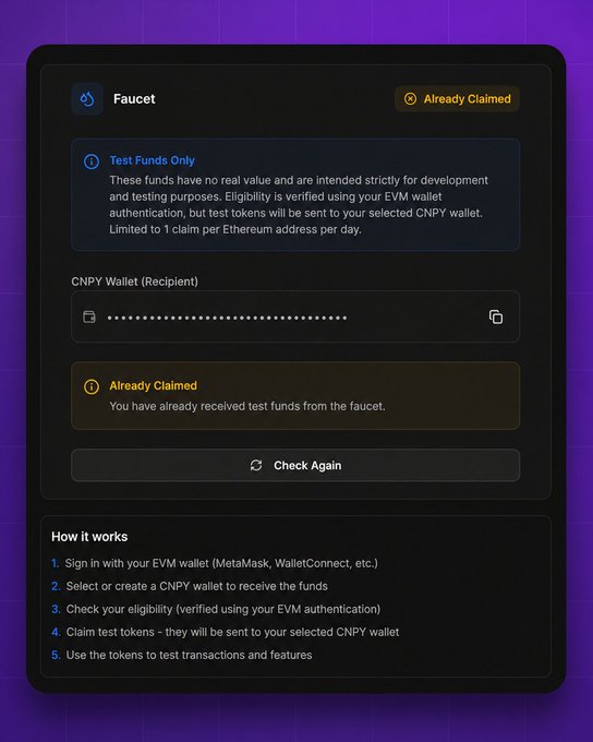 A screenshot of a 'Faucet' web interface on a purple background, indicating test funds have already been claimed for a CNPY wallet, with instructions for EVM wallet authentication.