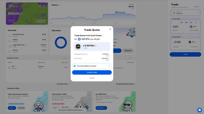 A cryptocurrency trading dashboard shows a "Trade Quote" modal for swapping 0.07 ETH (≈$130.04) from Ethereum to receive 0.155 MON at the current rate of $4.4, with an estimated amount of $133.64 and a minimum of $128.48, displaying a history chart and allocation overview in the background. The image relates to the post as a contrast to the nostalgic mention of MyEtherWallet, illustrating a modern UI/UX from a contemporary crypto trading platform with sleek modal confirmations and real-time quotes—showcasing how far wallet and exchange interfaces have evolved since the early MEW days.