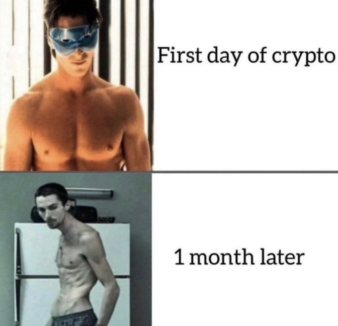 A two-panel meme contrasting 'First day of crypto' (showing a fit, confident man) with '1 month later' (showing an emaciated man in a refrigerator), humorously depicting the physical toll of crypto trading.