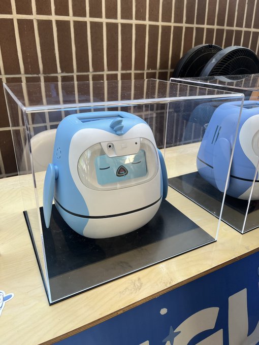 A blue and white penguin-themed robot displayed in a clear acrylic case sits on a wooden counter, with a second similar robot partially visible to the right. The image captures the "Rice AI" robot showcase referenced in the post, fitting the playful "came for the penguins, stayed for the robots" theme at the KBW event.