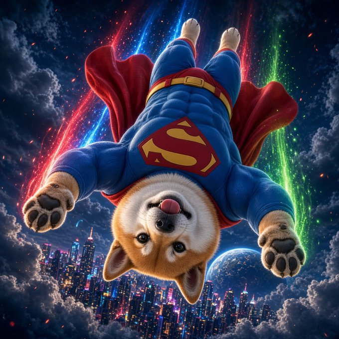 A digital illustration of a Shiba Inu dog wearing a Superman costume with the iconic 'S' emblem, flying through a vibrant, colorful sky above the clouds with a city skyline visible below.