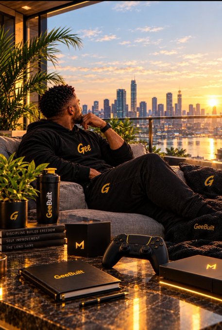 A man sits on a couch overlooking a city skyline at sunset, wearing black 'GeeBuilt' branded clothing, surrounded by 'GeeBuilt' branded merchandise including a shaker bottle, books titled 'DISCIPLINE BUILDS FREEDOM', 'SELF IMPROVEMENT', and 'THE LONG GAME', and a PlayStation controller.