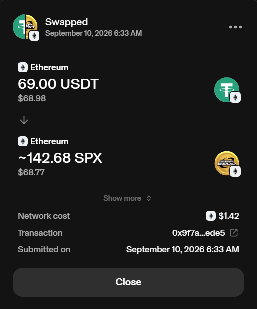 A mobile app screenshot showing a crypto swap transaction on September 10, 2026 at 6:33 AM, converting 69.00 USDT to approximately 142.68 SPX via Ethereum, with a network cost of $1.42.