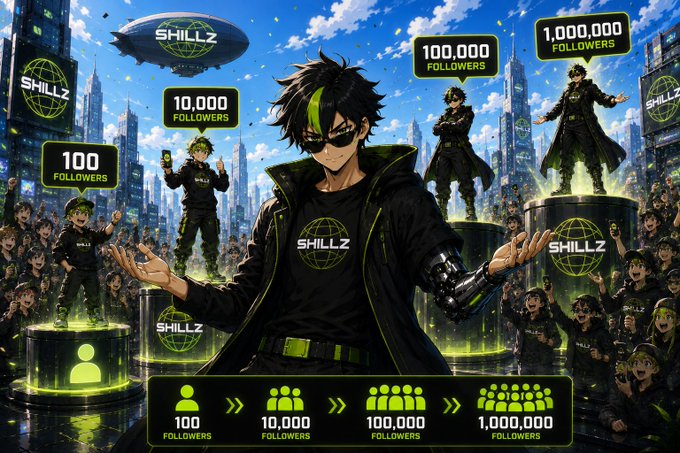 An anime-style promotional graphic for 'SHILLZ' showing a character in black and green with a progression of followers: 100, 10,000, 100,000, and 1,000,000.