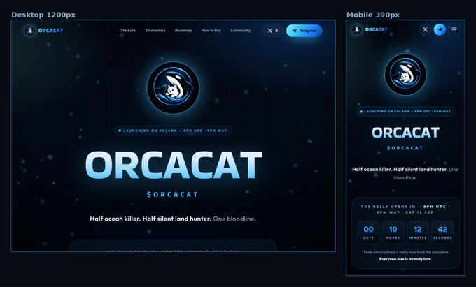 A side-by-side comparison of a desktop (1200px) and mobile (390px) responsive website design for the "ORCACAT" ($ORCACAT) memecoin, featuring a dark space-themed landing page with the project's logo, the tagline "Half ocean killer. Half silent land hunter. One bloodline," and a launch countdown timer showing 9 days, 10 hours, 12 minutes, and 42 seconds until the "RELLY OPENS IN — 8PM UTC-9PM WAT -SAT 12 SEP," currently in pre-launch on Solana. The image showcases the web developer's completed design work prior to the memecoin's launch.