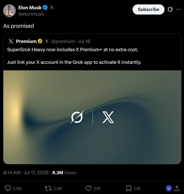 Elon Musk quote-tweets an announcement from @premium stating "SuperGrok Heavy now includes X Premium+ at no extra cost," confirming that Grok subscribers will automatically receive X Premium+ by linking their X account. The image relates to the post by illustrating Elon Musk following through on a promised integration between his AI product Grok and X's premium subscription service.