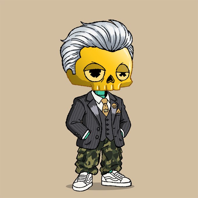 Stylized cartoon illustration of a yellow skull-headed character with silver hair wearing a dark pinstripe suit, tie, and camouflage pants on a beige background.