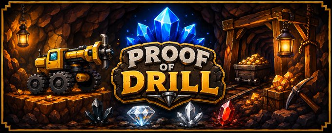 The image features a poster for a video game called "Proof of Drill", which appears to be a platformer or action game. The poster showcases an illustration of a yellow truck, a large pile of gold coins, and a diamond-shaped gemstone in a cave setting. There are also two lanterns hanging from the ceiling above the truck. The text on the poster reads "Proof of Drill" and "Players are already stacking Fuel", indicating that players have been actively engaged with the game and have collected resources like fuel and gold coins to progress through levels or complete missions.
