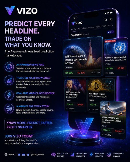 A promotional poster for VIZO, an AI-powered news feed prediction marketplace, featuring example predictions like 'Will SpaceX launch Starship successfully in 2024?' (YES 68%) and 'Will Bitcoin surpass $100,000 in Q3 2024?' (YES 71%).