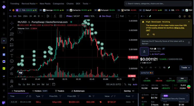 A DexScreener chart for the 'f1h' token (PumpSwap / GeckoTerminal) showing a price decline, with a security warning noting 'High Developer Holding' and a 1.1M MCAP.