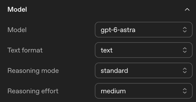 A dark-themed settings menu showing Model configuration options: Model set to 'gpt-6-astra', Text format 'text', Reasoning mode 'standard', and Reasoning effort 'medium'.