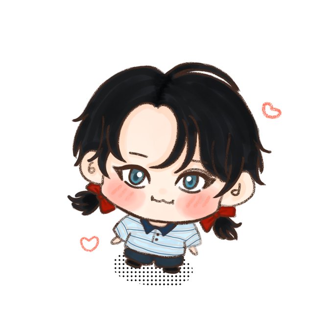 A chibi-style cartoon illustration of a character with black hair in pigtails with red ribbons, blue eyes, wearing a striped shirt, surrounded by small heart doodles.