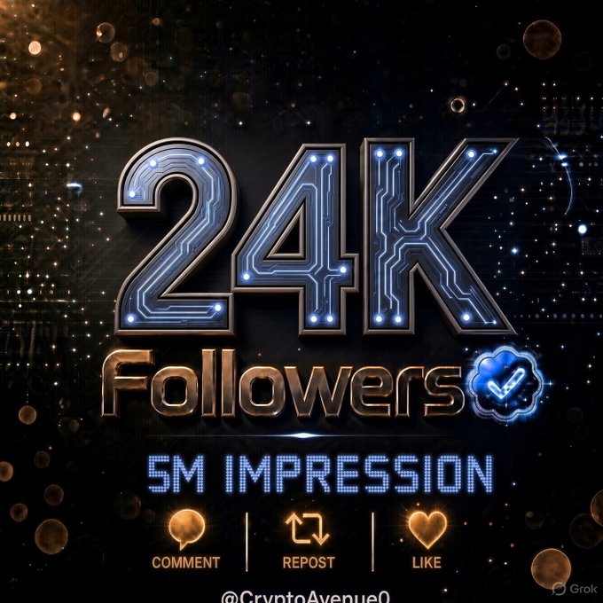 A digital graphic celebrates '24K Followers' with metallic text, noting '5M IMPRESSION' alongside icons for COMMENT, REPOST, and LIKE, credited to '@CryptoAvenue0' and 'Grok'.