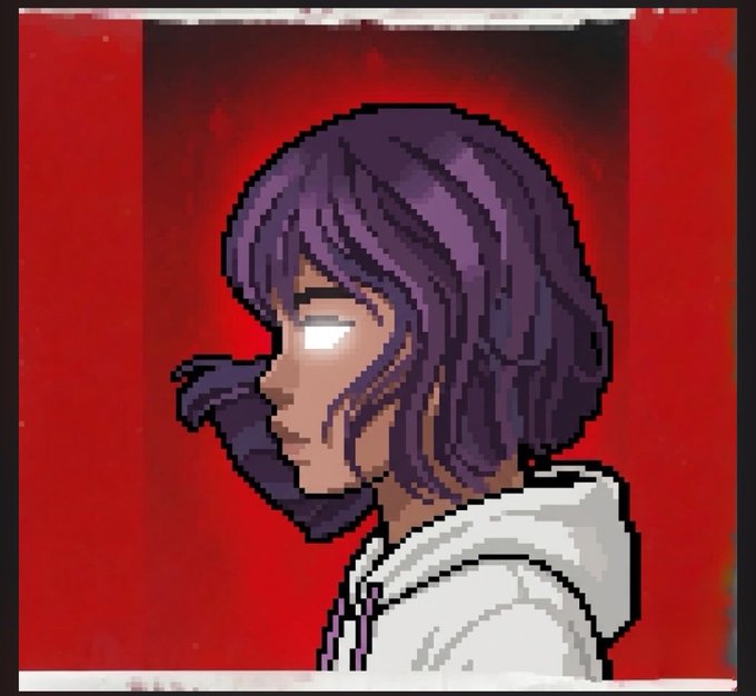 Pixel art illustration of a dark-skinned character with purple hair, glowing white eyes, and a white hoodie, shown in profile against a red background.