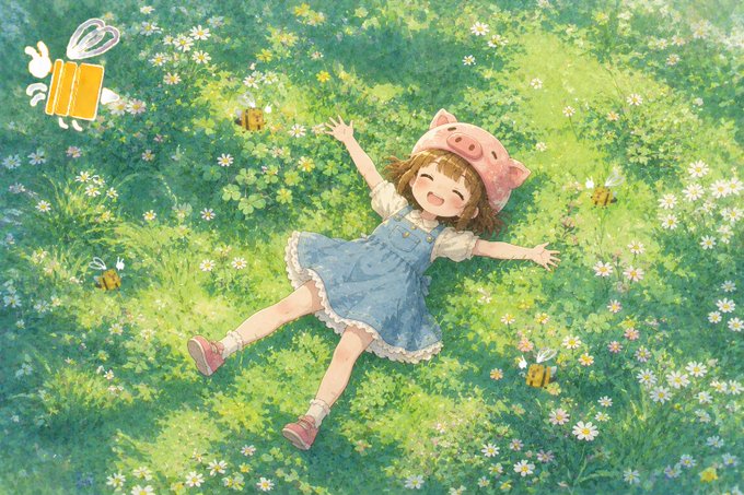 The image features a girl wearing a pink hat, lying down in a grassy field with her arms spread out. She appears to be enjoying herself as she relaxes amidst nature. The background of the image includes flowers and bees, adding to the overall atmosphere of the scene. The text "@RiverdotInc" is also present in the image, which could potentially be related to the girl's post or a connection between her and the artist who created it.
