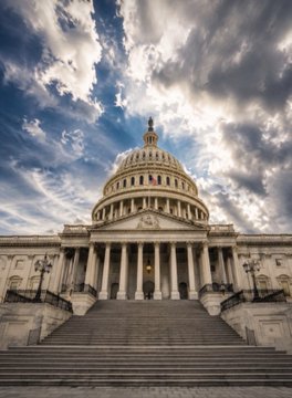 Dramatic view of the United States Capitol Building with its iconic dome, photographed from the steps with cloudy sky above.