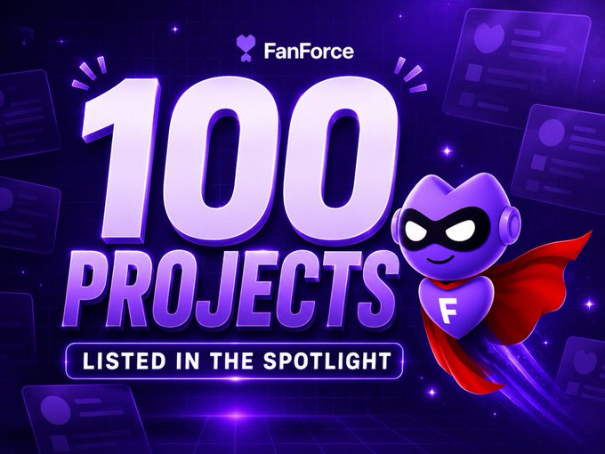 A purple-themed promotional graphic for 'FanForce' announcing '100 PROJECTS LISTED IN THE SPOTLIGHT', featuring a masked superhero heart mascot.