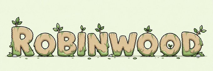 The word 'ROBINWOOD' displayed in a stylized, nature-themed font resembling wood logs with green leaves and vines growing from the letters.