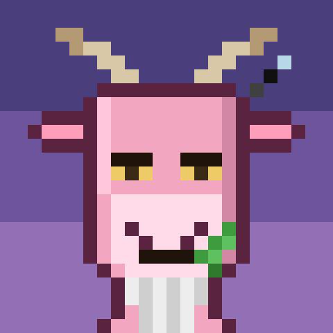 A pixel art character with a pink face, yellow antennae/horns, and a purple background appears in a simple blocky style.