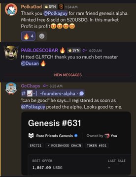 A screenshot of Telegram messages thanking 'Polkaguy' for selling a Genesis Alpha NFT (#631) at a best offer of 1,847.00 USDC.