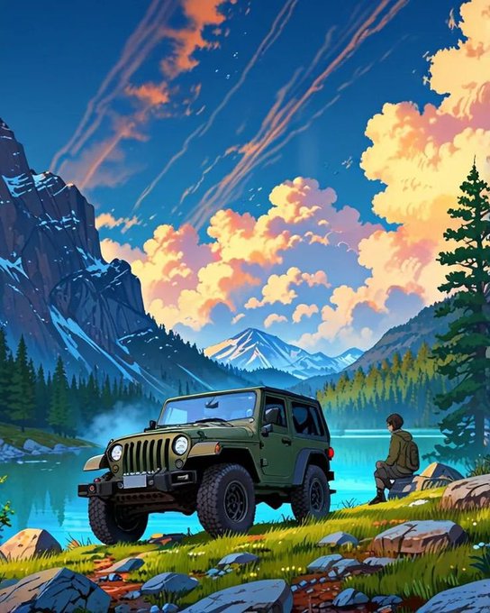 An anime-style landscape illustration showing a green Jeep parked by a turquoise lake with mountains in the background, while a person sits on a rock watching the sunset.