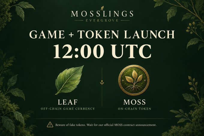 A promotional graphic for 'Mosslings Evergrove' announcing a Game + Token Launch at 12:00 UTC, featuring LEAF off-chain game currency and MOSS on-chain token.