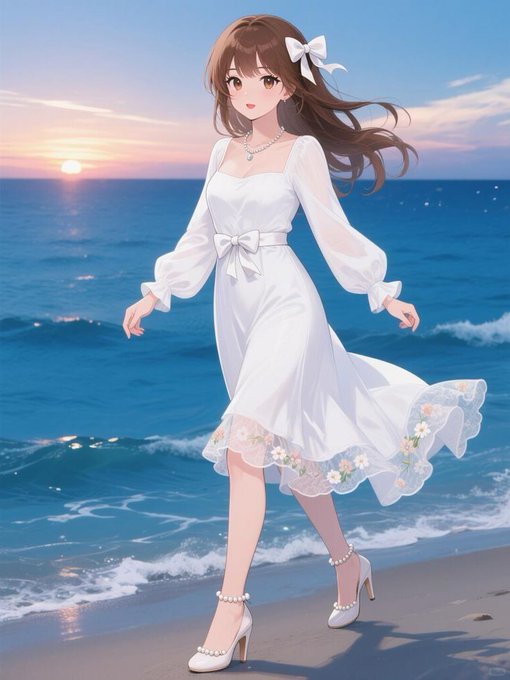 Anime-style illustration of a young woman with long brown hair wearing a white dress, walking barefoot along a beach at sunset.