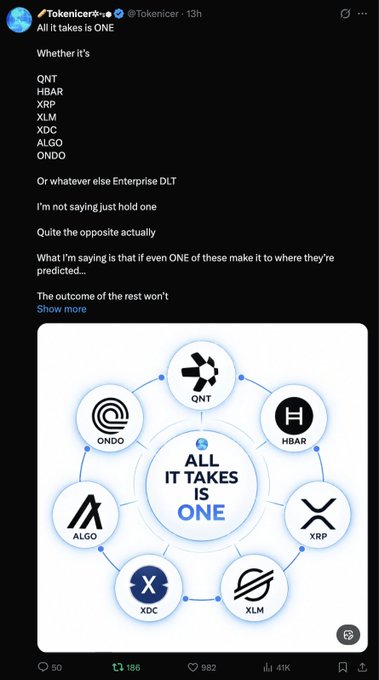 A tweet by @Tokenicer discussing Enterprise DLT tokens (QNT, HBAR, XRP, XLM, XDC, ALGO, ONDO) with an infographic stating 'ALL IT TAKES IS ONE' showing the logos of these cryptocurrencies.