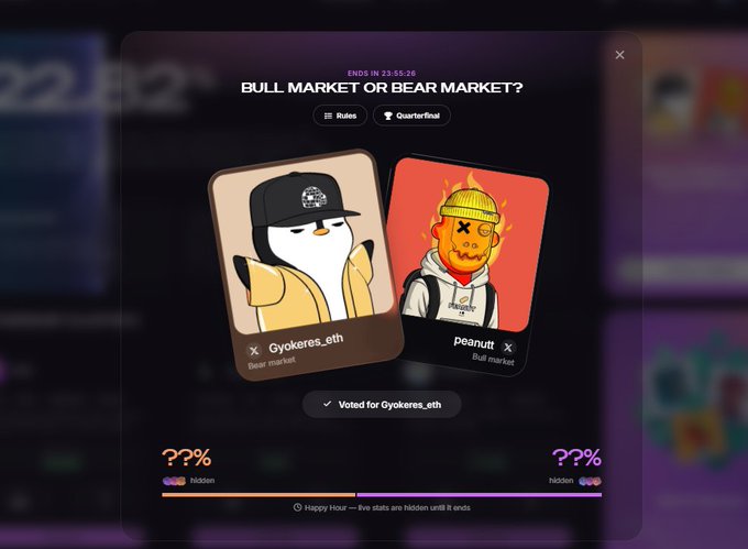 A voting interface titled "BULL MARKET OR BEAR MARKET?" ending in 23:55:26, showing a choice between "Gyokeres_eth" (Bear market) represented by a cool penguin character and "peanuttt" (Bull market) represented by a fiery orange character, with the user having voted for Gyokeres_eth, matching the post's stance in favor of the Bear market option.