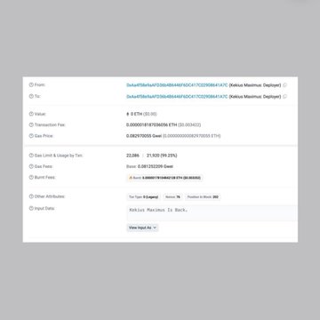 A screenshot of an Etherscan transaction details page showing a failed transaction with "Kekius Maximus: Deployer" as the recipient and a transaction value of 0 ETH ($0.00), gas fee of 0.00000147 ETH (~$0.0036), and a loss of -$0.001993 due to the failed status, supporting the post's reference to an on-chain message from the original $KEKIUS deployer.