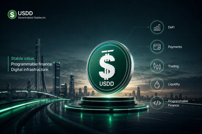 A promotional graphic for USDD Decentralized Stablecoin featuring a large coin on a pedestal, highlighting 'Stable value' and 'Programmable finance' alongside icons for DeFi, Payments, Trading, Liquidity, and Programmable Finance.