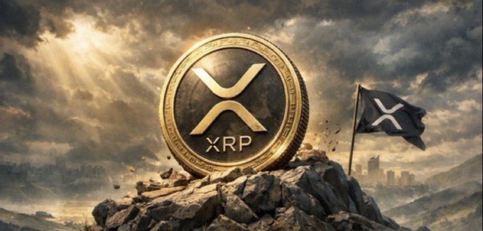 A dramatic digital artwork of a giant gold XRP cryptocurrency coin with an 'X' symbol, planted on a rocky mountain next to a black flag also bearing the XRP 'X' logo.