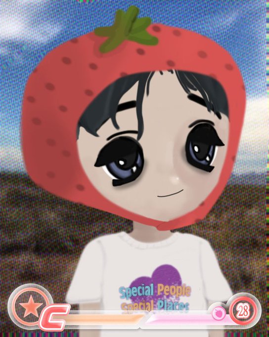 A virtual avatar of a chibi-style character wearing a strawberry hat and a 'Special People Special Places' shirt.
