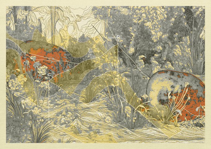 An abstract, textured illustration depicting a stylized natural landscape with flowing lines, rocks, vegetation, and a muted color palette of grays, oranges, and yellows.