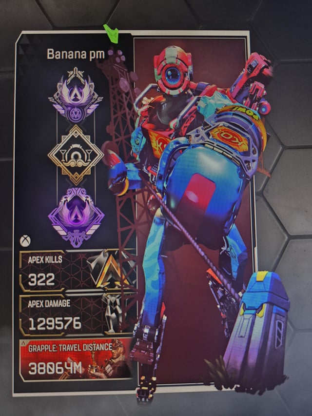 An Apex Legends match summary shows player 'Banana pm' with Apex Predator rank badges, 322 Apex Kills, 129,576 Apex Damage, and 3,8064M Grapple Travel Distance.